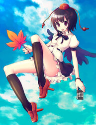  ass black_wings brown_hair camera cloud commentary_request day female flying full_body geta hat kimarin leaf looking_at_viewer open_mouth panties pantyshot shameimaru_aya short_hair sky socks solo tengu-geta touhou underwear wings 