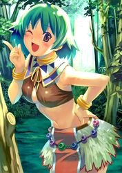  bare_shoulders belt blush bracelet breasts brown_eyes choker cleavage crop_top day female forest green_hair hand_on_own_hip jewelry koutaro large_breasts leaning_forward loincloth midriff morgan_(tears_to_tiara) nature navel one_eye_closed open_mouth outdoors ribbon short_hair skirt smile solo tears_to_tiara tree 