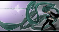  aqua_hair attack commentary_request detached_sleeves female green_hair hair_ornament hair_over_eyes hatsune_miku headphones henkuma highres letterboxed long_hair necktie open_mouth panties pantyshot pleated_skirt prehensile_hair skirt solo sonic_boom_(speed) standing striped_clothes striped_panties thighhighs twintails underwear upskirt very_long_hair vocaloid 