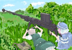  2girls aiming alternate_weapon anti-materiel_rifle bag binoculars commentary_request frills grass grey_hair gun hairband hat konpaku_youmu lying michael-x multiple_girls petticoat pink_hair rifle saigyouji_yuyuko short_hair skirt sniper_rifle touhou underwear weapon 