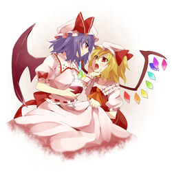  2girls alcohol bad_link bat_wings blonde_hair blue_hair cupping_glass flandre_scarlet hat kiji_(manekinuko-tei) multiple_girls red_eyes remilia_scarlet short_hair siblings sisters touhou wine wings 