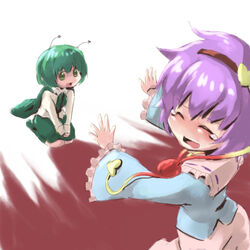  2girls antennae blush cape closed_eyes commentary_request green_eyes green_hair hairband heart komeiji_satori lowres mafuyu_hemp multiple_girls purple_hair seiza short_hair sitting smile tears touhou wriggle_nightbug 