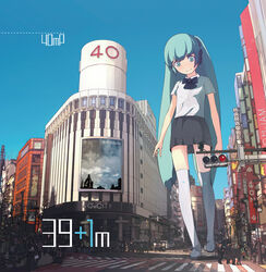  album_cover alternate_hairstyle aqua_eyes aqua_hair building cityscape commentary_request cover female giant giantess guitar_(guitars) hatsune_miku headphones kyodai_shoujo_(vocaloid) long_hair miniskirt real_world_location ribbon shibuya_(tokyo) skirt smile solo standing thighhighs tokyo_(city) traffic_light twintails very_long_hair vocaloid white_thighhighs zettai_ryouiki 