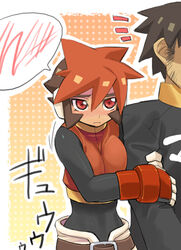  1boy ^^^ arm_hug atlas_(mega_man) beard belt black_hair blush bodysuit breast_press breasts brown_hair couple crop_top dark_skin dyed_bangs embarrassed facial_hair female fingerless_gloves gloves gradient_background halftone halftone_background large_breasts looking_at_viewer mega_man_(series) mega_man_zx mega_man_zx_advent multicolored_hair nose_blush open_fly pants red_eyes red_hair robot_ears shigehiro_(hiroi_heya) short_hair solo_focus speech_bubble spiked_hair squiggle straight surprised turtleneck two-tone_hair unzipped 