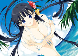  bikini black_hair blue_eyes breasts cleavage covered_nipples day female flower hair_flower hair_ornament hibiscus himemiya_aoi kusakabe_yuuki_(to_heart_2) large_breasts leaning_forward long_hair side-tie_bikini_bottom solo swimsuit to_heart_(series) to_heart_2 very_long_hair white_bikini 