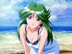  1990s_(style) asou_kasumi beach brown_eyes day female green_hair kokura_masashi leaning_forward official_art retro_artstyle scan solo tokimeki_memorial tokimeki_memorial_2 