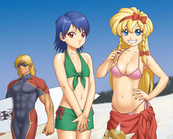  1boy 2girls abs bad_id bad_pixiv_id bare_shoulders beach bikini bikini_skirt blonde_hair blue_eyes blue_hair bodysuit bow braid breasts carrie_fernandez castlevania:_legacy_of_darkness castlevania:_rondo_of_blood castlevania_(series) cleavage crossover day diving_suit embarrassed flat_chest galamoth greendragon grin hairband hairbow hand_on_own_hip holding holding_surfboard long_hair maria_renard medium_breasts miniskirt multiple_girls multiple_hair_bows muscular navel outdoors print_sarong red_eyes red_sarong ribbon sarong short_hair shun_(greendragon) side-tie_bikini_bottom simon_belmont skin_tight skirt sky small_breasts smile standing strap_lift sunglasses surfboard swimsuit tankini twin_braids v_arms wetsuit 