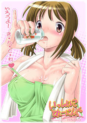  breasts brown_eyes brown_hair camisole cleavage commentary_request female hinako_(issho_ni_training) issho_ni_training large_breasts milk photoshop_(medium) pinky_out solo sweat translated zouzou 