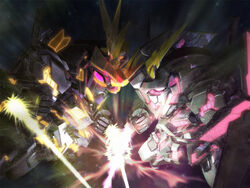  a_mituhashi battle chibi commentary_request energy_sword gundam gundam_unicorn mecha no_humans nt-d photoshop_(medium) robot sword unicorn_gundam unicorn_gundam_banshee weapon 