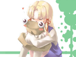  blonde_hair blush closed_eyes commentary_request female frog hair_ribbon hat heart hug mafuyu_hemp moriya_suwako pyonta ribbon solo thighhighs touhou 