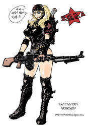  :p bad_id blonde_hair blue_eyes boots bullet butcherboy copyright_request drum_magazine female gun hat korean_text legs light_machine_gun machine_gun magazine_(weapon) photoshop_(medium) rifle rpd russia solo thigh_boots thighhighs thighs tongue tongue_out translated twintails weapon 