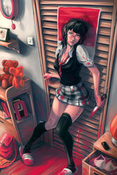  black_hair black_thighhighs blood blood_stain breasts cleavage closet copyright_request female glasses highres knife leaning medium_breasts miniskirt necktie open_mouth photoshop_(medium) plaid plaid_skirt sidelocks skirt slippers solo standing stuffed_animal stuffed_toy sweater sweater_vest teddy_bear thighhighs vest weapon wen_juinn zettai_ryouiki 