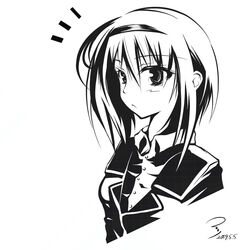  bad_id bad_pixiv_id blazer collared_shirt expressionless female greyscale hairband jacket kurukuru_(p!) little_busters! long_sleeves monochrome nishizono_mio photoshop_(medium) shirt simple_background solo upper_body white_background 