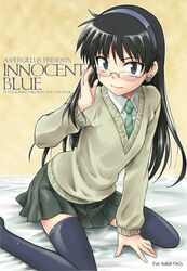  adjusting_eyewear arm_support bed black_eyes black_hair black_thighhighs blush content_rating cover cover_page doujin_cover earrings female flat_chest glasses hairband highres indoors jewelry leaning_forward long_hair looking_at_viewer necktie nogami_aoi okara pleated_skirt school_uniform sitting skirt smile solo sweater thighhighs very_long_hair zettai_karen_children zettai_ryouiki 