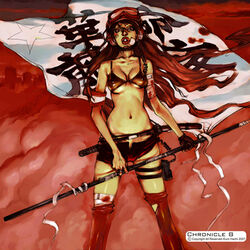  bandages bandaid bikini bikini_top_only blood copyright_request female flag goggles headphones kiyohisa lips looking_at_viewer lowres midriff navel no_shirt photoshop_(medium) scabbard sheath short_shorts shorts smoke solo standing stomach swimsuit sword thigh_strap thighhighs torn_clothes torn_thighhighs wakizashi weapon 