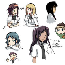  2boys 5girls aqua_hair arai_taro beret black_bow black_bowtie black_hair black_necktie blonde_hair blouse blue_eyes bow bowtie braid commentary_request dark_skin green_eyes hat heterochromia inoue_naomi_(katawa_shoujo) katawa_shoujo lowres maeda_takashi miura_miki molly_kapur multiple_boys multiple_girls necktie ooe_natsume palette_(object) photoshop_(medium) purple_eyes purple_hair red_eyes school_uniform shirt suzuki_suzu weee_(raemz) white_shirt yamaku_high_school_uniform 