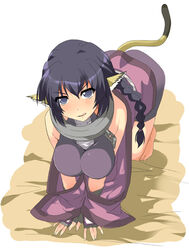  all_fours animal_ears barefoot braid cat_ears collar date_(senpen) female karulau licking_lips metal_collar solo tail tongue tongue_out utawarerumono 