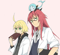  2boys aqua_(tales) artist_request aster_(tales_of_symphonia) blonde_hair blue_hair book female glasses green_eyes long_hair multiple_boys red_hair richter_abend smile tales_of_(series) tales_of_symphonia tales_of_symphonia_knight_of_ratatosk uniform 