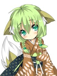  :o animal_ears aqua_eyes blush braid commentary_request female fox_ears fox_tail green_hair hair_over_shoulder japanese_clothes kimono original saitou_kon shingetsu_takehito solo tail twin_braids 