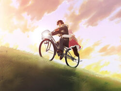  1boy basket bicycle bicycle_basket black_hair closed_eyes cloud coat couple dress female fur_trim game_cg gayarou grass hug hug_from_behind kiriyama_keigo kiriyama_sakura long_sleeves multiple_riders outdoors pants pillion pink_hair red_dress sakura_musubi sidesaddle sky sleeping straight sunset twintails waist_hug 