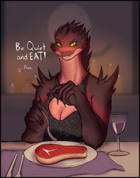  alcohol anthro beef beverage black_border blush blush_lines border breasts chasertech clothed clothing cutlery dialogue digital_media_(artwork) fangs female food fork hi_res kitchen_utensils looking_at_viewer meat raw_meat reptile scalie snake solo steak tablecloth teeth tools wine 