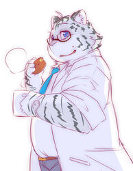  2016 anthro belly bottomwear chiro_(artist) clothing dessert doughnut eyewear felid food fur glasses kemono male mammal pantherine pants pastry shirt slightly_chubby solo tiger topwear white_body white_fur 