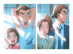  1boy age_comparison aged_down arms_behind_back bandaid bandaid_on_face bandaid_on_nose blush buzz_cut collared_shirt czech_gana day facial_hair female forked_eyebrows formal frown grey_eyes hair_bun height_difference lolicon long_sleeves looking_at_viewer looking_away meitantei_conan necktie ponytail salute shirt short_hair sideways_glance single_hair_bun sleeveless sleeveless_shirt sliding_doors straight stubble suit uehara_yui v very_short_hair white_shirt yamato_kansuke 