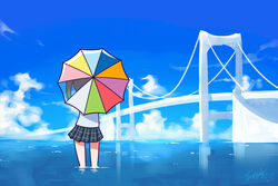  black_hair black_skirt blue_sky bridge chinese_commentary cloud commentary_request day facing_away female from_behind gradient_hair green_hair grey_shirt highres horizon langbazi love_live! love_live!_nijigasaki_high_school_idol_club multicolored_hair ocean outdoors pleated_skirt shirt skirt sky solo standing suspension_bridge takasaki_yu transparent transparent_umbrella twintails umbrella wading water 