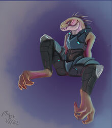  2022 3_toes alien ambiguous_gender anthro armor barefoot claws clothed clothing codpiece colored cuirass digitigrade fangs feet halo_(series) head_crest hi_res ibie&#039;shan kig-yar looking_at_viewer male_(lore) microsoft phinja raised_leg scales scalie shaded simple_background solo spines spread_legs spreading t&#039;loaki tan_body tan_skin teeth toe_claws toes xbox_game_studios yellow_eyes 