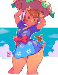  aged_up animal_crossing animal_ears apron arms_up artist_name basket blue_kimono blue_sky blunt_bangs blush blush_stickers bow breasts brown_eyes brown_hair cloud commentary cropped_legs daisy_mae_(animal_crossing) day earrings english_commentary female furry furry_female head_scarf highres holding igeta_(pattern) japanese_clothes jewelry kimono leaf looking_to_the_side mixed-language_commentary no_mouth object_on_head outdoors outline pig_ears pig_tail rope sash shiny_skin short_hair short_kimono short_sleeves signature single_earring sky small_breasts snot snout solo standing starmilk tail thick_thighs thighs transparent_background turnip twitter_username watermark wide_hips yen_sign 