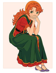  blush closed_mouth curly_hair dragon_quest dragon_quest_vii dress female green_eyes highres hood long_hair looking_at_viewer maribel_(dq7) miyama_(kannsannn) orange_hair simple_background smile solo 