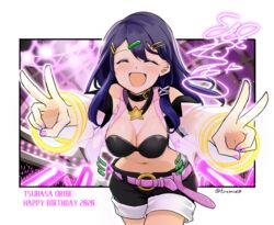  belt belt_collar black_shorts blue_hair blush breasts cleavage closed_eyes collar double_v female fire_emblem hair_ornament hairclip happy_birthday large_breasts long_hair navel open_mouth oribe_tsubasa short_shorts shorts smile tokyo_mirage_sessions_fe twitter_username v yukia_(firstaid0) 