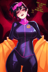  black_hair bodysuit breasts cowboy_shot earrings english_text eyewear_on_head fangs female glasses head_tilt highres jacket jewelry jubilee looking_at_viewer marvel open_mouth qtori red_eyes short_hair solo standing x-men yellow_jacket 