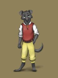  anthro black_body black_fur canid canine canis clothing domestic_dog full-length_portrait fur green_eyes hand_in_pocket head_tilt hi_res looking_at_viewer male mammal pink_nose pockets portrait simple_background smile smiling_at_viewer solo standing zerohours 