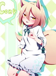  :3 animal_ears brown_hair commentary female fox_ears fox_girl fox_shadow_puppet fox_tail frilled_sleeves frills green_ribbons hair_between_eyes half-closed_eyes highres ko~n kudamaki_tsukasa light_brown_hair looking_at_viewer medium_hair neck_ribbon onesie ribbon romper sleeves_past_elbows solo speech_bubble tail tongue tongue_out touhou white_romper yellow_eyes you_(noanoamoemoe) 