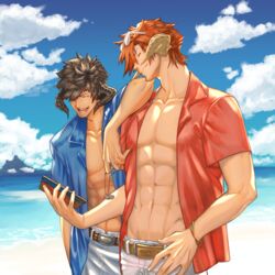  2boys abs adam&#039;s_apple allagan_tomestone arm_on_another&#039;s_shoulder arm_rest arm_up au_ra bare_arms beach belt black_hair black_horns blue_shirt blue_sky brown_horns cellphone closed_eyes closed_mouth cloud collarbone collared_shirt commentary_request day dragon_boy dragon_horns eyewear_on_head final_fantasy final_fantasy_xiv gachako glasses hair_over_one_eye hand_up holding holding_phone holding_removed_eyewear horizon horns laughing leaning_on_person male_focus manly multiple_boys muscular muscular_male ocean open_clothes open_mouth open_shirt outdoors pectorals phone red_hair red_shirt sand shirt short_hair short_sleeves sky smartphone smile stomach sunglasses unworn_eyewear upper_body warrior_of_light_(ff14) water white_horns wing_collar 