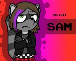  2021 5:4 alternative_fashion anthro banned_from_equestria biped black_clothing black_jacket black_topwear bottomwear brown_hair clothed clothing crossed_arms da_silva digital_media_(artwork) emo female frown fur green_eyes grey_body grey_fur hair jacket looking_at_viewer mammal pattern_bottomwear pattern_clothing pattern_skirt pixel_(artwork) plaid plaid_bottomwear plaid_clothing plaid_skirt pokefound procyonid raccoon sam_(pink) skirt solo topwear ya_got 