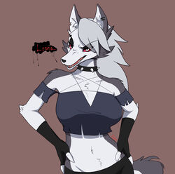  2019 anthro bottomwear breasts canid canid_demon canine clothing collar demon female fingerless_gloves gloves handwear hellhound helluva_boss hi_res loona_(helluva_boss) mammal mythological_canine mythological_creature mythology red_sclera shorts shoulderless_shirt solo spiked_collar spikes xan_(pixiv) 