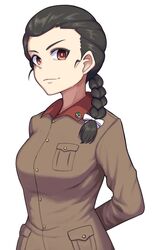  arms_behind_back black_hair braid bright_pupils brown_eyes chi-hatan_(emblem) chi-hatan_military_uniform closed_mouth commentary emblem female girls_und_panzer hair_over_shoulder hair_ribbon highres lapel_pin long_hair looking_at_viewer protected_link ribbon simple_background single_braid smile solo standing tamada_tamaki upper_body white_background white_pupils white_ribbon yougata 