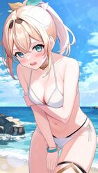  adju_ster alternate_costume arm_under_breasts ass_visible_through_thighs beach bikini black_hairband blonde_hair blue_eyes blue_sky blush bracelet breasts cleavage cloud cloudy_sky commentary cowboy_shot cowlick crossed_bangs day female furrowed_brow gold_choker hair_between_eyes hairband halterneck highres hololive jewelry kazama_iroha leaning_forward lens_flare looking_at_viewer medium_breasts medium_hair navel ocean open_mouth outdoors ponytail rock side-tie_bikini_bottom skindentation sky solo standing stomach string_bikini sunlight swimsuit thigh_gap thigh_strap virtual_youtuber white_bikini wristband 