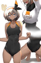  barefoot bea_(pokemon) black_bodysuit black_hairband blue_eyes bodysuit bodysuit_under_clothes bow_hairband breasts cleavage clenched_hand collarbone collared_shirt commentary dark-skinned_female dark_skin female grey_hair hair_between_eyes hairband hands_up highres medium_hair multiple_views open_mouth pokemon pokemon_swsh print_shirt shirt short_sleeves spread_legs squatting teeth tied_shirt tiptoes toes tongue yuuyuu_(yuuki1771) 