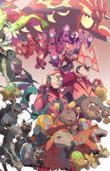  6+boys 6+girls black_hair camerupt closed_mouth commentary courtney_(pokemon) crobat e_volution glasses golbat groudon holding holding_poke_ball hood hood_up horns koffing maxie_(pokemon) mega_camerupt mega_pokemon mightyena multiple_boys multiple_girls numel poke_ball poke_ball_(basic) pokemon pokemon_(creature) pokemon_oras poochyena primal_groudon rayquaza red_hair smile tabitha_(pokemon) team_magma team_magma_grunt teeth weezing zinnia_(pokemon) zubat 