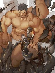  1boy abs bandaid bandaid_on_cheek bara bare_pectorals beard black_hair bulge cyphers damian_doyle_(cyphers) dark_skin dark_skinned_male facial_hair gomtang large_pectorals male_cleavage male_focus male_pubic_hair mature_male mohawk muscular muscular_male navel navel_hair nipples pectorals penis pubic_hair sexually_suggestive short_hair sideburns sidepec solo stomach stubble thick_thighs thighs third-party_source 