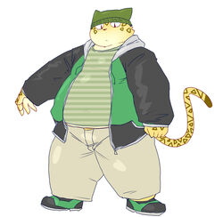  2016 anthro belly bottomwear chiro_(artist) clothing felid feline fur hat headgear headwear hi_res hoodie kemono male mammal overweight overweight_anthro overweight_male pants shirt simple_background solo topwear white_background yellow_body yellow_fur 