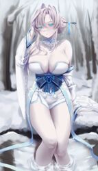  absurdres aqua_eyes blush braid breasts cleavage crown_braid female hair_bun highres huge_breasts last_origin looking_at_viewer mnemosyne_(last_origin) pale_skin short_shorts shorts single_hair_bun solo teddyellow thighs white_hair yuki_onna 