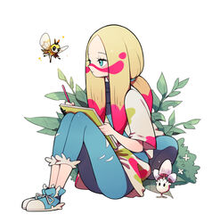  aqua_eyes blonde_hair blush closed_mouth commentary eyelashes facepaint female full_body gen_7_pokemon hair_tie highres holding leaf long_hair mina_(pokemon) morelull multicolored_hair pants pink_hair pokemon pokemon_(creature) pokemon_(game) pokemon_sm ribombee shoes sitting sketchbook tied_hair two-tone_hair yamtteng 