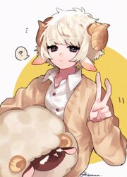  1boy :&lt; ? animal_ears black_eyes blonde_hair blunt_bangs brown_sweater buttons collared_shirt curly_hair hitsuzi-kun holding holding_stuffed_toy horns original sheep sheep_boy sheep_ears sheep_horns shirt short_hair signature stuffed_animal stuffed_sheep stuffed_toy sweater tsubaki_tsubaru two-tone_background v white_background white_shirt yellow_background 