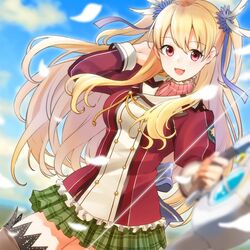  alisa_reinford blonde_hair blurry bow bow_(weapon) breasts brown_thighhighs cloud cloudy_sky coat commentary_request cowboy_shot day depth_of_field dutch_angle eiyuu_densetsu feather_hair_ornament feathers female hair_ornament hair_ribbon hand_in_own_hair long_hair long_sleeves medium_breasts miniskirt official_art open_mouth outdoors petals plaid plaid_skirt pleated_skirt red_eyes retsuna ribbed_sweater ribbon sen_no_kiseki sidelocks skirt sky smile solo sweater thighhighs thighs turtleneck twintails uniform weapon wind zettai_ryouiki 