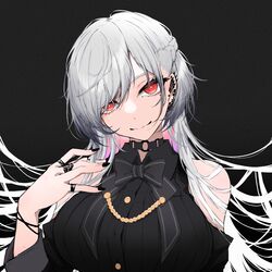  a9_(repainter) black_background black_nails black_shirt breasts buttons closed_mouth colored_inner_hair commentary ear_piercing female grey_hair hand_up highres large_breasts long_hair looking_at_viewer multicolored_hair original piercing pink_hair red_eyes shirt smile solo symbol-only_commentary upper_body 