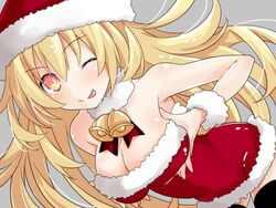  alternate_costume bare_shoulders bent_over black_thighhighs blonde_hair blush breasts christmas cleavage collar female hands_on_own_chest hat iwashi_dorobou_-r- kami_jigen_game_neptune_v large_breasts long_hair neptune_(series) oerba_yun_fang one_eye_closed open_mouth orange_eyes power_symbol power_symbol-shaped_pupils santa_costume santa_hat smile solo symbol-shaped_pupils thighhighs tongue tongue_out yellow_heart_(neptunia) 